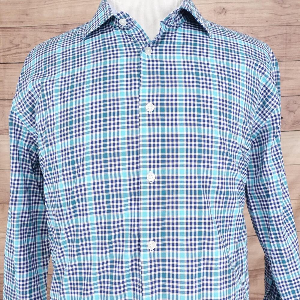 Tattersall London Shirt Mens‎ XL 17-17.5 32/33 Blue Teal Plaid Button Front